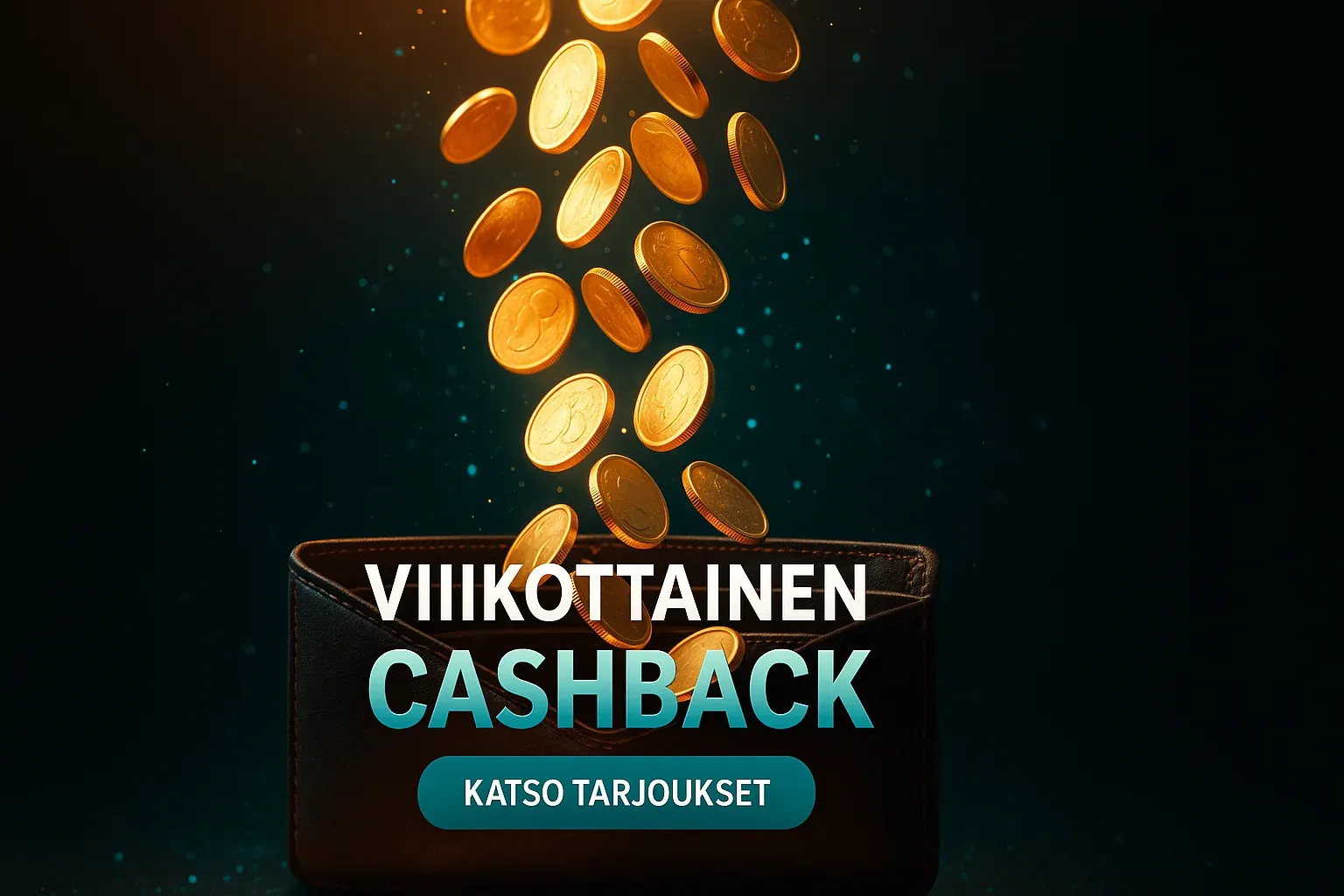 Fotorealistinen kasinobonusbanneri, kultakolikot putoavat lompakkoon ja cashback-teksti