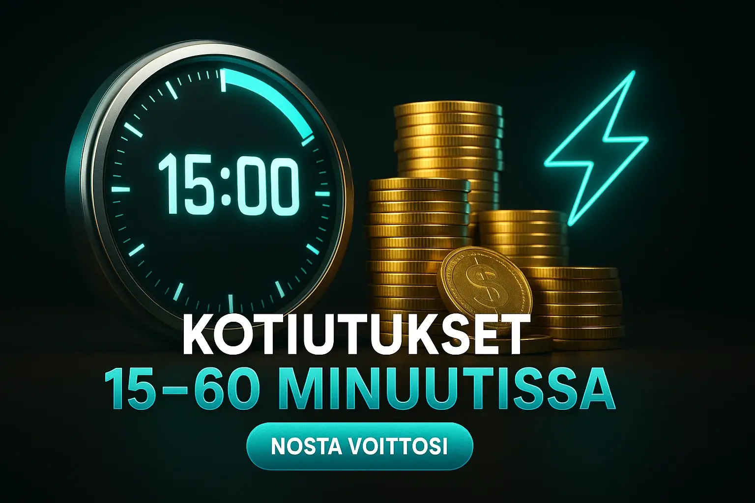 Leveä kasinobanneri, kotiutukset 15 - 60 minuutissa, kello, kolikot ja CTA