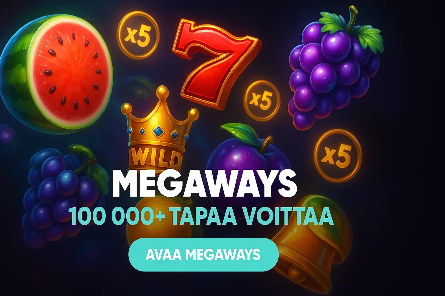 Fotorealistinen Megaways-kasinobanneri, kirkkaat symbolit ja 100 000+ tapaa voittaa