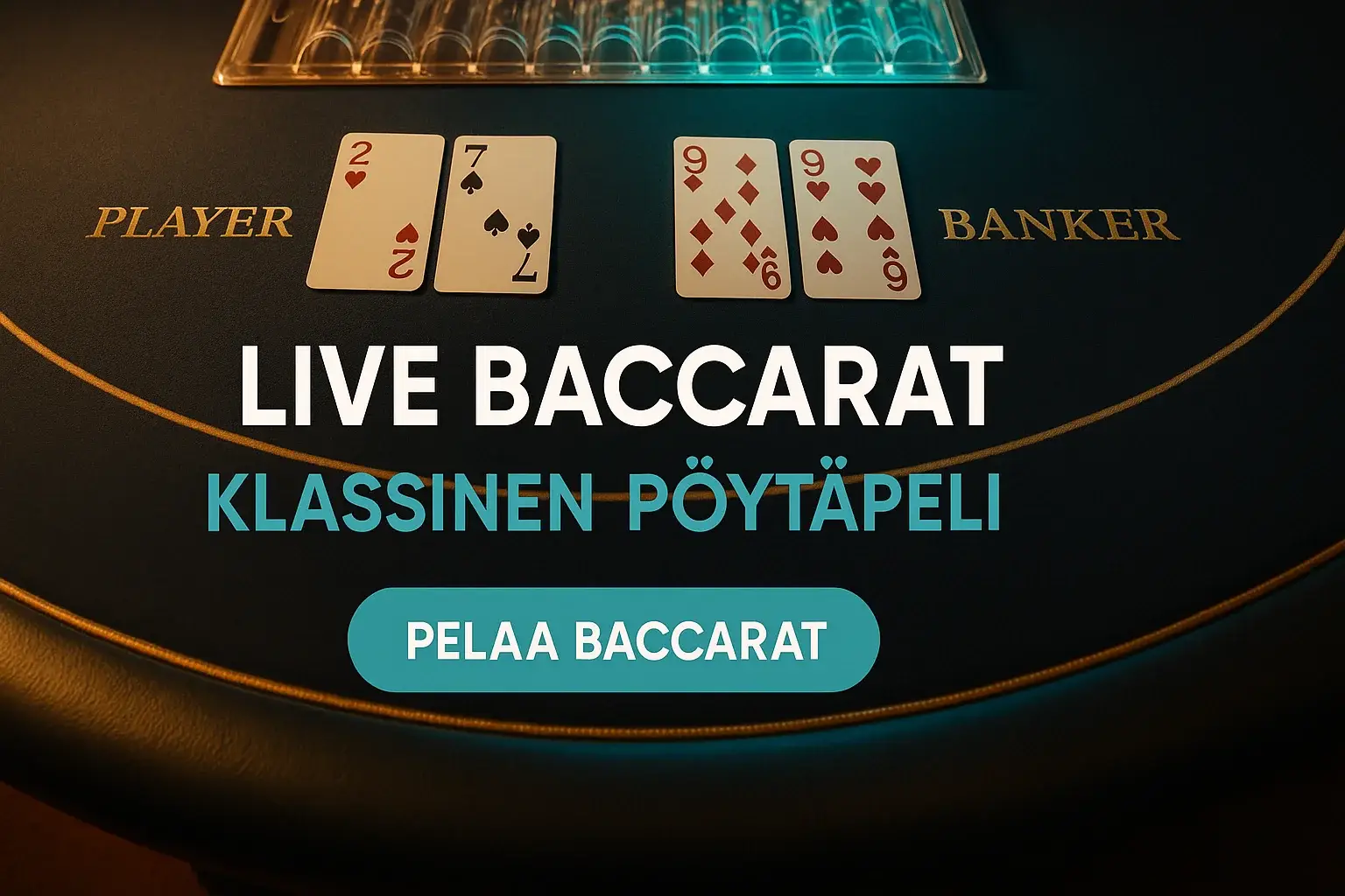Live baccarat -pöytä, kortit ja pelimerkit, teal LED -valaistus