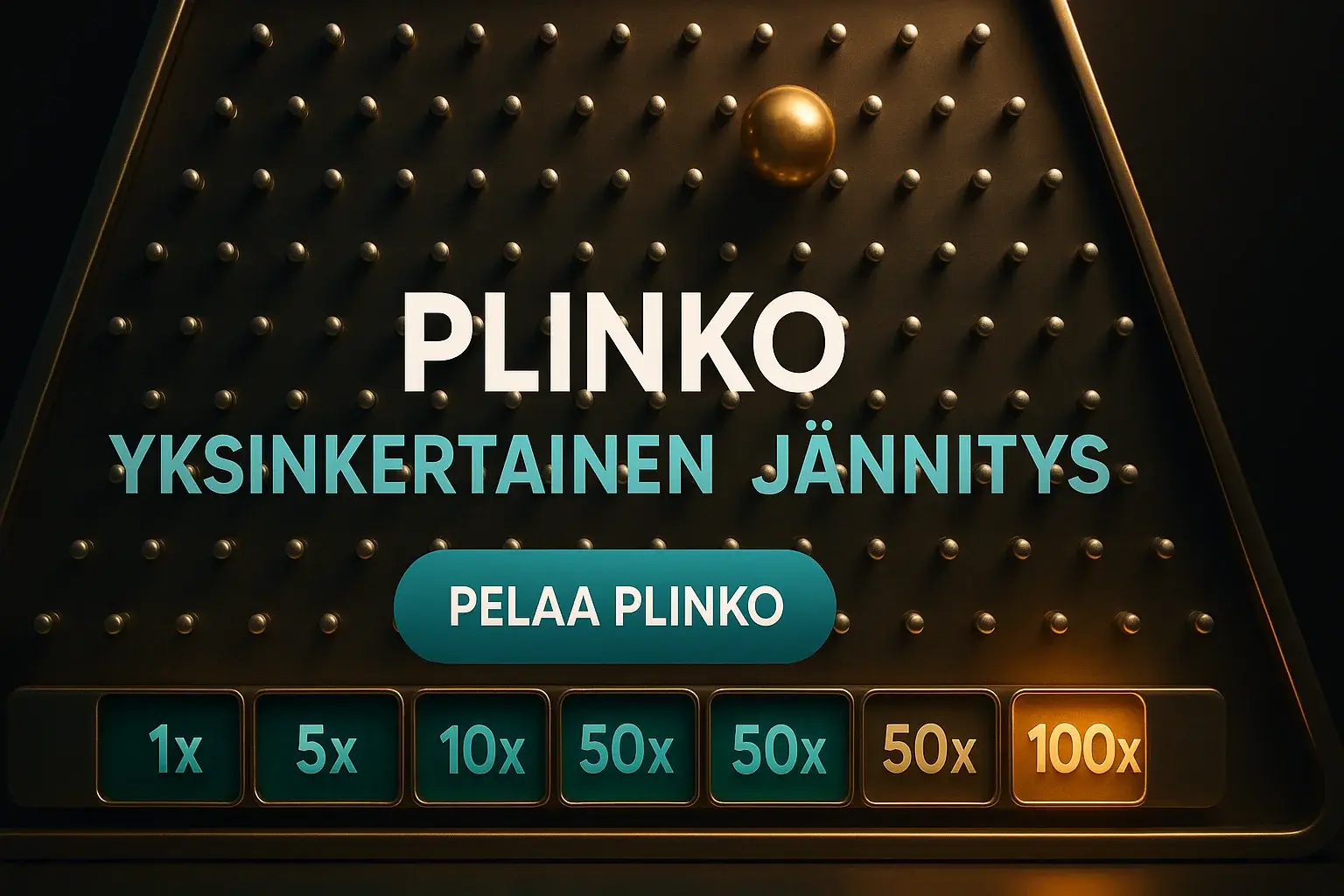 Fotorealistinen Plinko-kasinobanneri, kultapallo, kertoimet ja Pelaa Plinko -painike