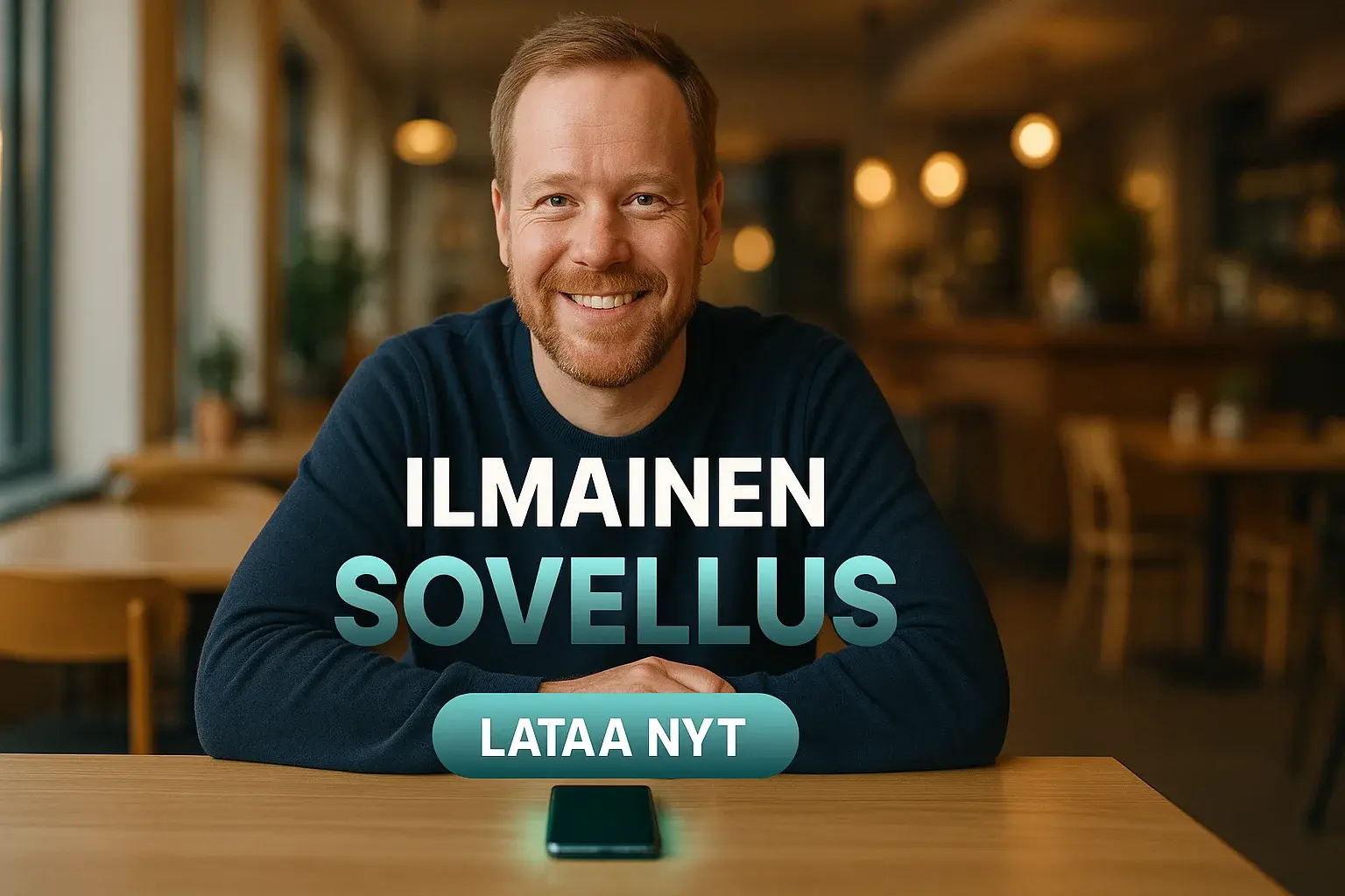 Suomalainen mies kahvilassa, puhelin hehkuu, ilmainen sovellus latausbanneri